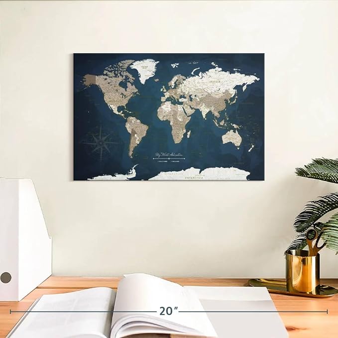 ElephantStock - My World Adventures Push Pin Travel Map I Wall Art - Horizontal Canvas Wall Art - Living Room Wall Decor - Printmaking Map Canvas Art - Blue And Beige Decor - 12" x 8"