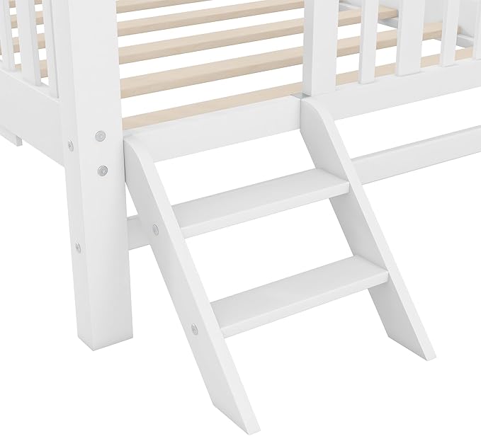 Twin Size Platform Bed with Guardrail and Trundle, Wood Kids Platform Bed Frame with Two-Step Ladder for Boys Girls, Sturdy Slats Support (White-1.26T)