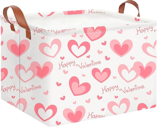 CLOCOR Rectangular Pink Valentines' Gift Basket Collapsible Cute Pattern Storage Bin,Waterproof Books Box with Handles,Storage Basket(Pink Happy Valentine)