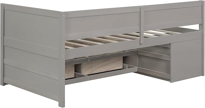 Twin Size Daybed with 4 Storage Drawers and Shelves, Wooden Twin Platform Bed Frame with L-Shaped Headboard and Slats Support, Corner Bed Twin Captain Beds for Kids Boys Girls Teens, Gray