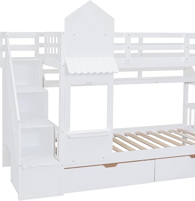 MERITLINE Twin Over Twin Castle Bunk Bed with Slide,Stairs and Drawers,Solid Wood Floor House Princess Bunk Bed with Storage Shelves (White)