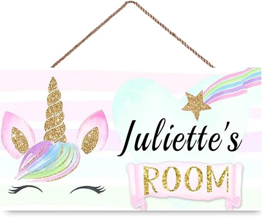 Personalized Name Rainbow Unicorn Face Door Sign Pink Gold Star Cute Bedroom Gift for Nursery Kids Girls Boys Christmas Custom Wooden Plaque Sign Décor