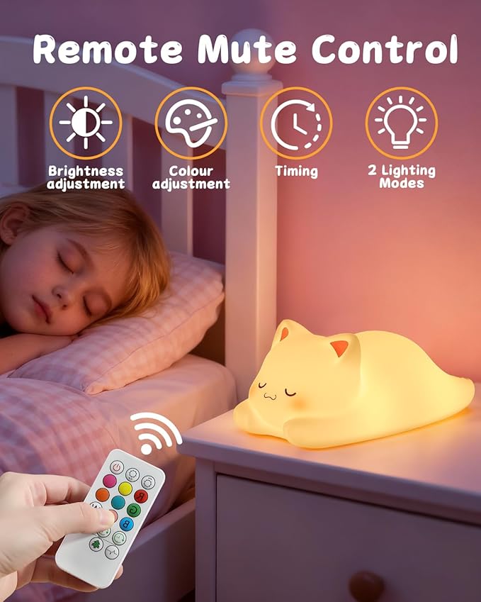 ZKLiLi Night Light for Kids Cute Cat Lamp,16 Colors+Tap+Remote+Silicone Kids Cute Cat Lamp Gifts,USB Remote Rechargeable Cat Night Lights for Room Decoration