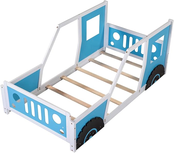 Bellemave Twin Car Bed Frame, Classic Car-Shaped Toddlers Bed with Wheels, Wooden Montessori Floor Bed for Kids (Blue & Black)
