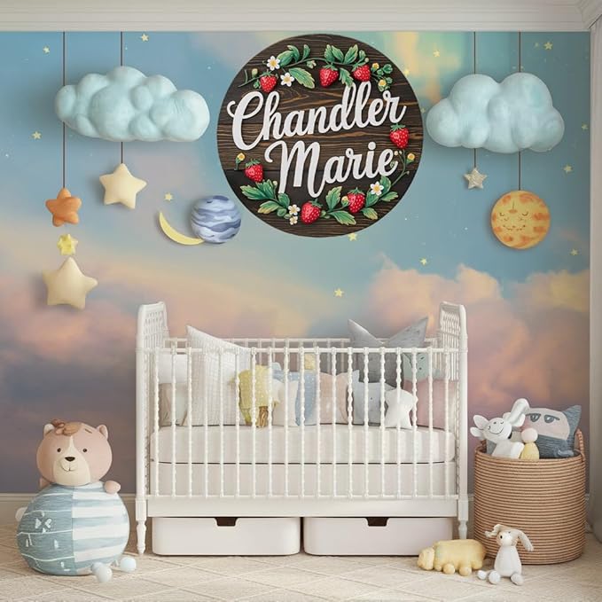 Personalized Name Signs for Kids Room, Strawberry Sign for Baby Door Decor, Newborn Gifts for Girl, Girls Nursery Wall Bedroom Decorations, Mother's Day Gifts for New Mom Dad Gift