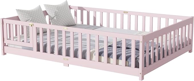 Full Size Floor Bed for Kids, Wood Montessori Floor Beds with Fence Railings, Door & Slats Support, Full Playhouse Bed Frame for Boys Girls, No Box Spring Needed, Pink