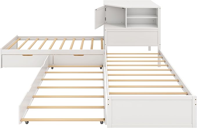 Harper & Bright Designs Twin L-Shaped Corner Bed with Trundle, Double Twin Beds in One, 3-in-1 Platform Bed with Built-in Nightstand and LED Light for 2 Kids