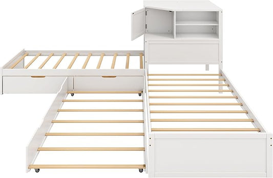 Harper & Bright Designs Twin L-Shaped Corner Bed with Trundle, Double Twin Beds in One, 3-in-1 Platform Bed with Built-in Nightstand and LED Light for 2 Kids