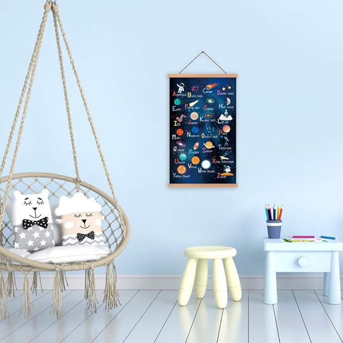 KAIRNE Outer Space Art Print With Wood Magnetic Poster Hanger Frame, Astronomy Alphabet Letters Canvas Wall Art,Abstract Universe Educational Poster,40X64CM Hanging Painting For Home Classroom Decor