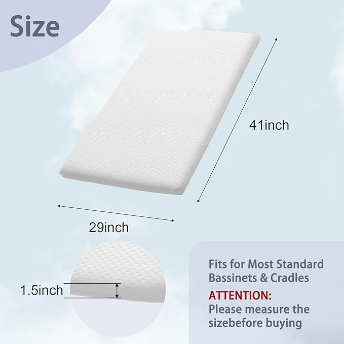 Lisara Bassinet Mattress, 41" x 29" Dual Sided Gel Memory Foam Mattress with Waterproof, Removable and Breathable Ice Silk Cover, Fit for 4moms Breeze Plus Portable Playard