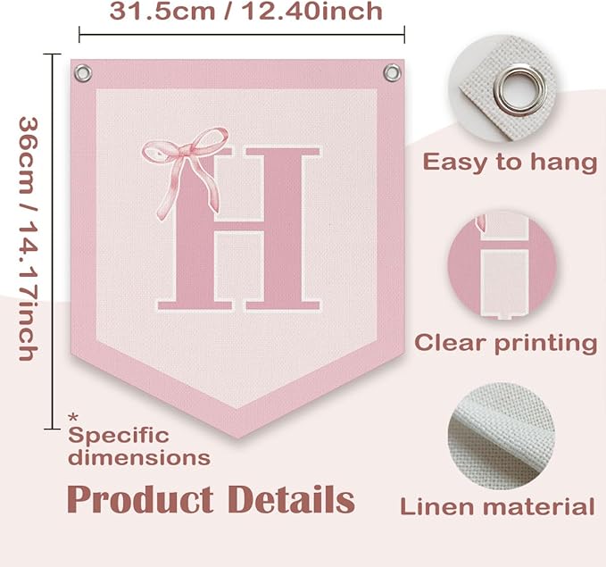 Lacama Initial Personalized Preppy Banner, Baby Shower Decor Girl Nursery Decor, Coquette Pink Bow Teen Girl Gifts, Vintage Room Toddler Room Bedroom Playroom Front Door Birthday Gift(H)