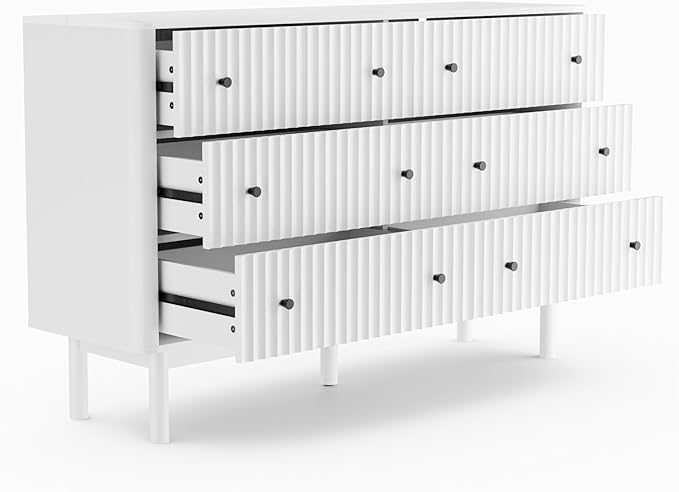 RECCI Fluted 6 Drawers Dresser for Bedroom, 54" Wide Chest of Drawers with 3D Fluted Panel, Faux Marble Top, Solid Wooden Legs, Storage Drawers, TV Stand, Closet Chests for Bedroom, White