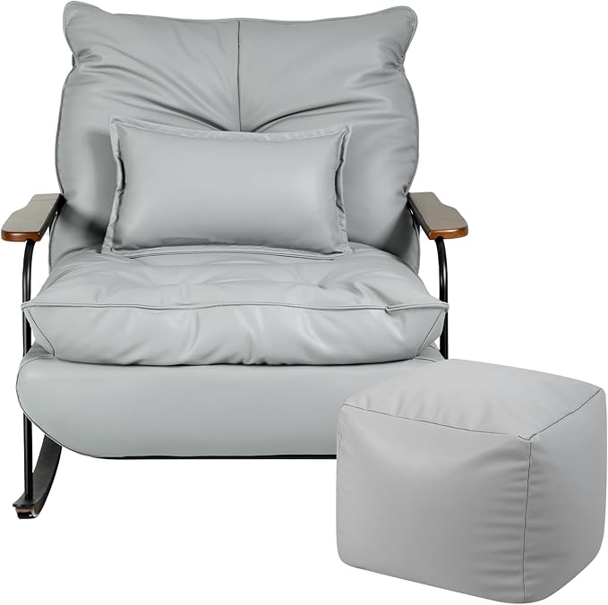 ZYZ Rocking Chair with Ottoman and Pillow, Mid-Century Modern Recliner, Reclining Nursery Rocker, Wood Armchair, 25° Rocking Motion, Lazy Sofa for Living Room Bedroom Balcony, PU Leather (Creamy Grey)