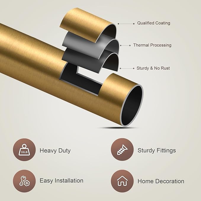 Brass Curtain Rods for Windows 66 to 120 Adjustable Modern Gold Curtain Rod 1 inch Diameter Heavy Duty with Solid Metal Finials for Living Room Bedroom Farmhouse Outdoor Patio