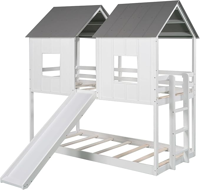 Twin Over Twin Wood House Bunk Bed with Slide and Windows, White