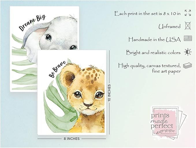 Baby Safari Animals Wall Art Prints - Nursery Decor - Set of 6-8x10 - Jungle Nursery Room Pictures for Baby Girl Boy Kids - Motivational Quotes - Watercolor - Unframed -