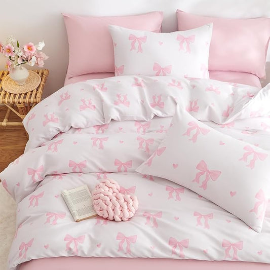Bow Bedding Duvet Cover Full 3Pcs Pink Heart Bedding Set for Girls Kids,Cute Princess Style Bowknot Love Heart Design,Ultra Soft Comforter Cover with 2 Pillowcases(No Comforter)