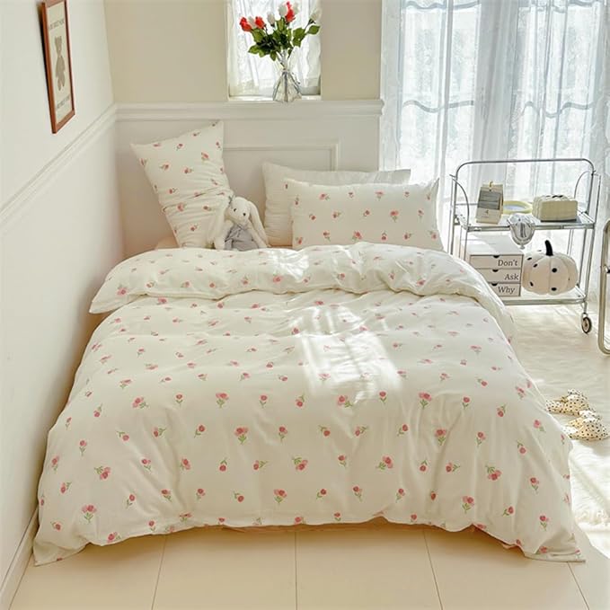 Nayoroom Pink Floral Comforter Set Full Size Coquette Tulip Printed on White Comforter 3 Pieces Kids Girls Soft Cute Dorm Bedding Set for All Seasons (1 Comforter, 2 Pillow Shams)
