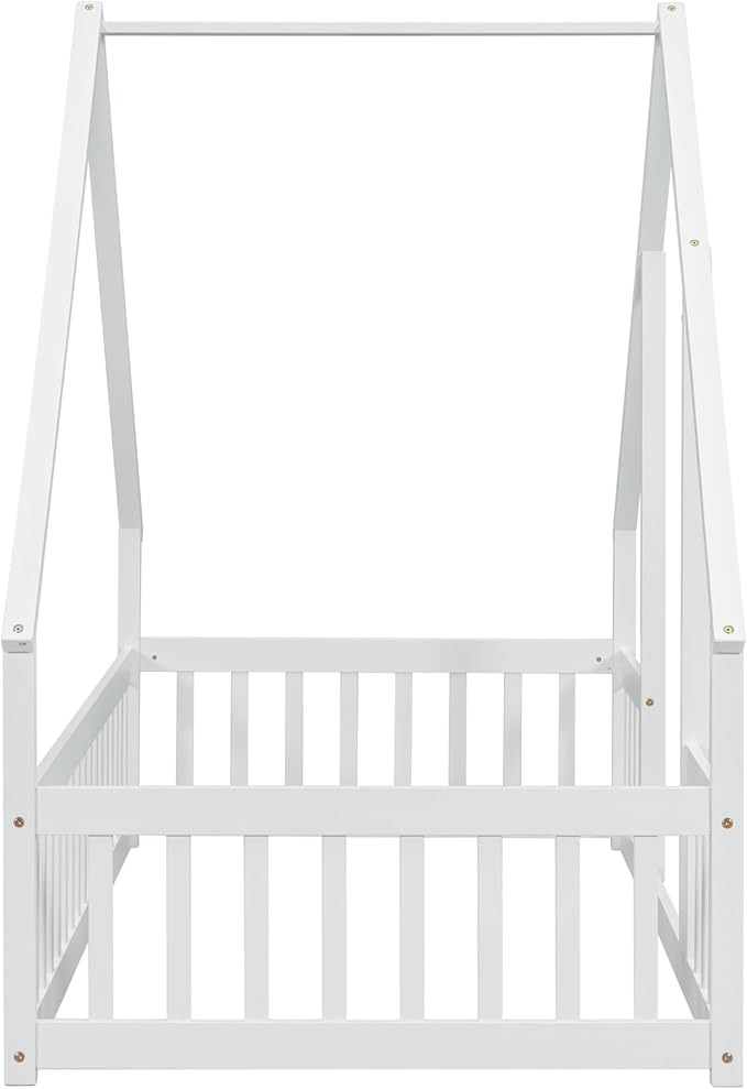 Bellemave Twin Floor Bed for Kids, Girls, Boys, Wood House Bed Frame, House Floor Bed for Kids, Twin Size Montessori Floor Bed with Fence, Playhouse, White