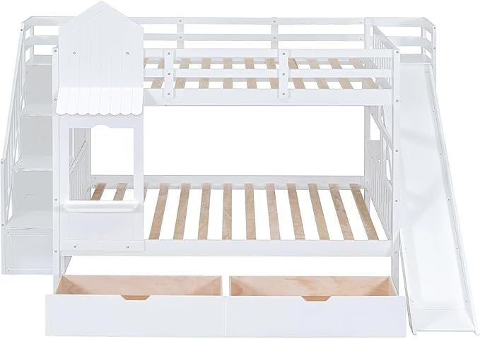 MERITLINE Full Over Full Castle Bunk Bed with Slide,Stairs and Drawers,Solid Wood Floor House Princess Bunk Bed with Storage Shelves (White,Full Over Full)