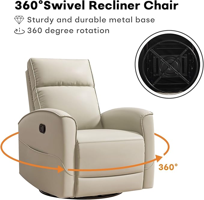 Swivel Rocker Recliner Chair, Manual Faux Leather Glider Rocking Recliners for Adults, 360° Swivel Nursery Reclining Sofa with Storage Pocket