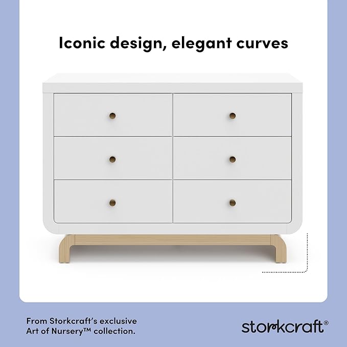 Storkcraft Santorini 6 Drawer Double Dresser (White with Driftwood) - GREENGUARD Gold Certified, Interlocking Drawer System, Dresser Drawer Organizer for Kids Bedroom