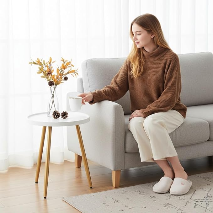 danpinera Nursery Side Table, Metal Legged Mini Table with Wooden Tray, Small Round End Table for Living Room, Bedroom, Nursery, White & Gold