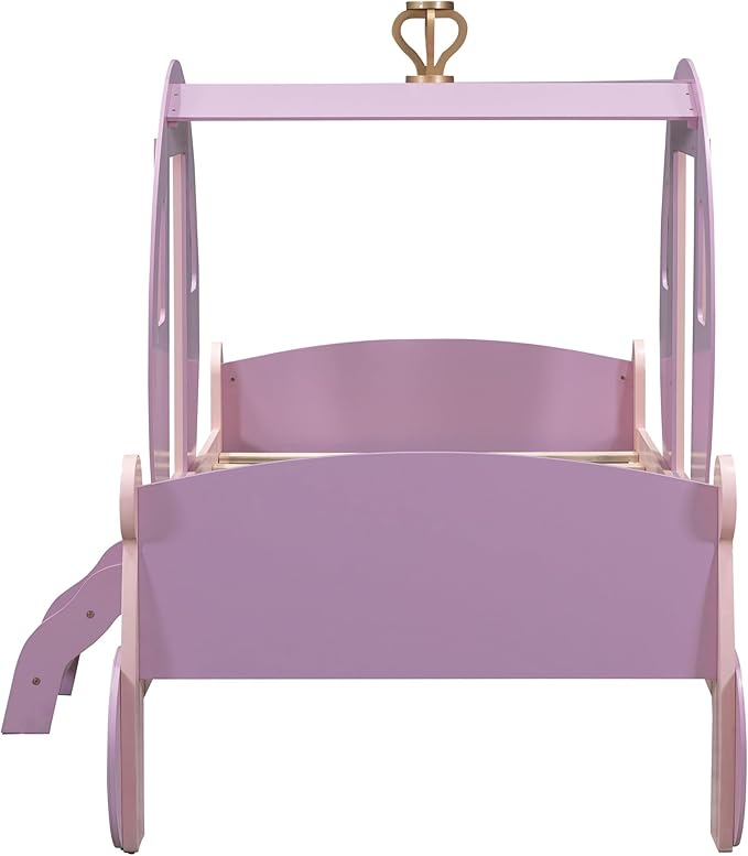 Cute Twin size Princess Carriage Bed with Crown and Stair, Solid Wood Car Bed Frame with 2 Doors, Headboard and Footboard, Safety Wood Slats for Kids Boys Girls Teens Adults (Purple+Pink-s18)