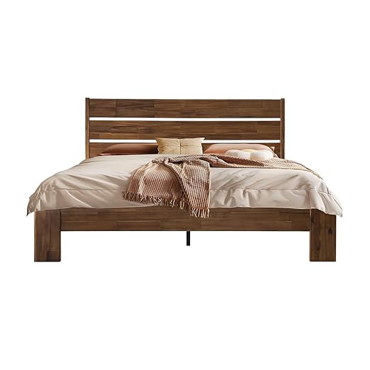 Queen Size Bed Frame with Headboard & Footboard Solid Wood Platform Bed, Central Metal Legs, 12 Sturdy Slatted Base, Easy Assembly, No Box Spring Needed, Anti-Noise & Slip-Free, Walnut Finish, QIQ-37
