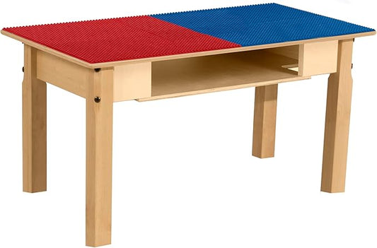 Contender Time-2-Play Deluxe Hardwood Red & Blue Lego Compatible Play Table for Kids with Storage, Activity Desk for Playroom with 30.75" W Rectangular Table Top & 16" Long Legs