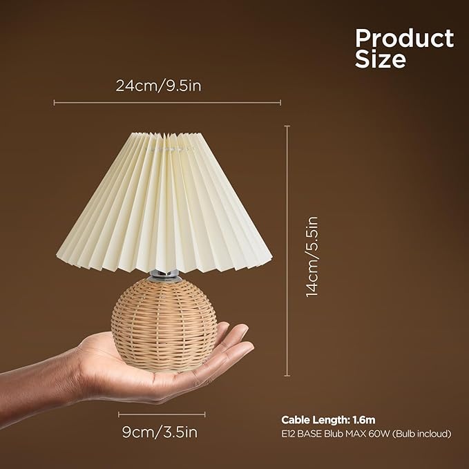 KUNJOULAM Pleated Table Lamp, Modern Bedside Nightstand Lamp with Beige Lampshade Rattan Metal Base, Desk Light for Bedroom Living Room Home Office Decor with E12 Bulb