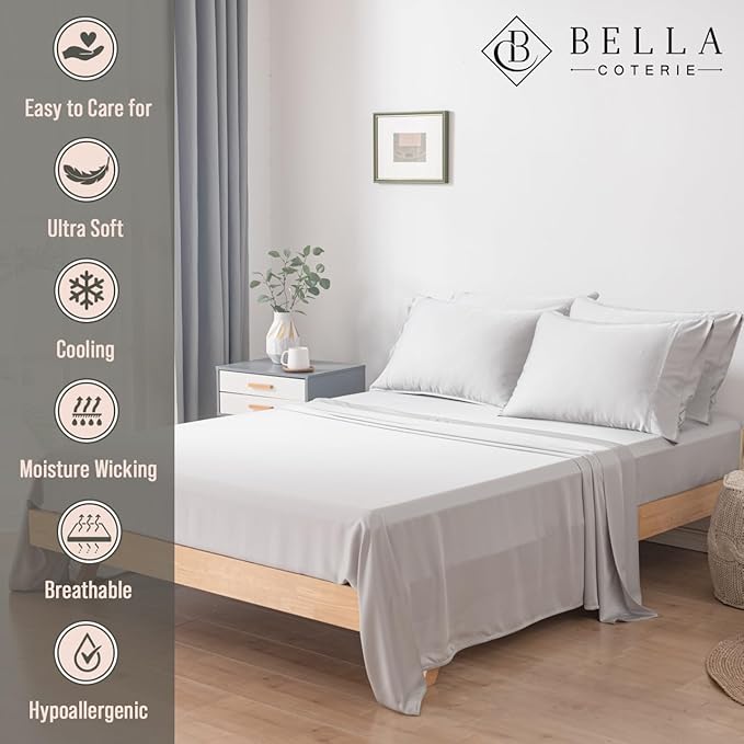 Bella Coterie 6 Piece Luxury Bamboo Viscose Split Top King Size Sheet Set | 34" Split for Adjustable Beds | 100% Organically Grown| Cooling | 18” Deep Pocket | 4 Pillowcases [Grey Mist]