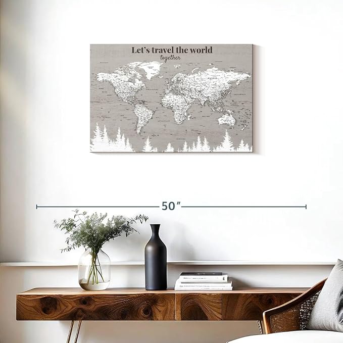 ElephantStock - Let's Travel II Push Pin World Map Wall Art - Horizontal Canvas Wall Art - Living Room Wall Decor - Digital Art Map Canvas Art - Gray And White Decor - 30" x 20"
