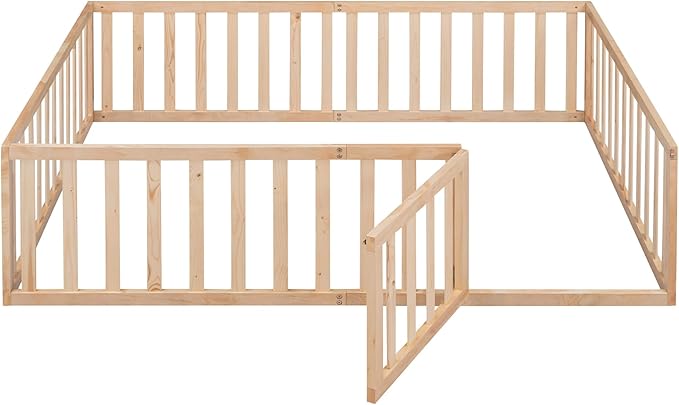Merax Full Floor Bed with Safety Guardrails and Door, Wood Montessori Floor Bed Frame for Kids, Full Playhouse Bed Frame for Baby Girls and Boys, Natural