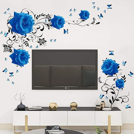 Supzone Blue Rose Wall Stickers Rose Flower Vine Wall Decal Blue Peony Floral Wall Decor DIY Vinyl Mural Art for Bedroom Living Room Sofa Backdrop