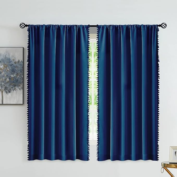 Treatmentex Pompom Blackout Window Curtains Navy Royal Blue Full Blackout Curtains for Bedroom Living Room 63 inch Thermal Insulated Window Curtain Panels 52" w x2 Panels Rod Pocket