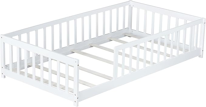 Twin Size Kids Montessori Floor Bed,Twin Floor Bed Frame with Slats,Solid Wood Twin Bed Frame for Girls Boys,White