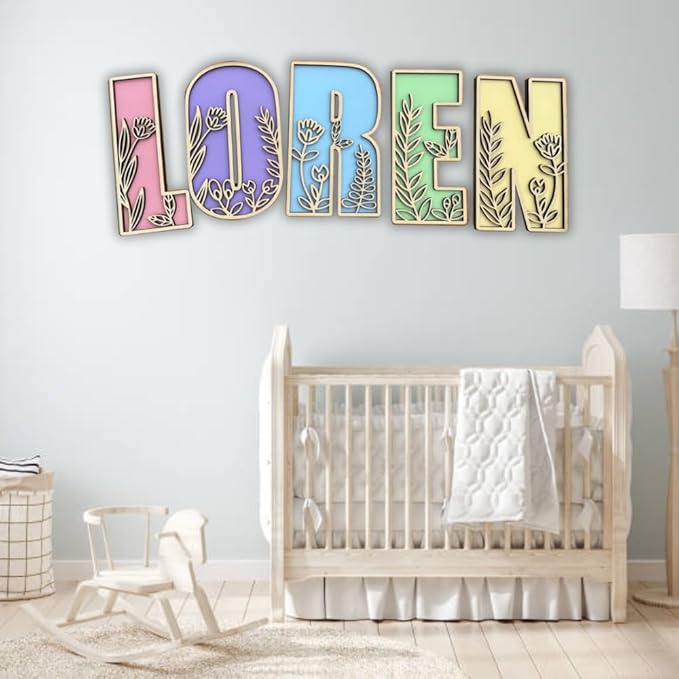 Personalized Wooden Name Sign - Custom Baby Name Signs for Nursery & Kids Room, Baby Announcement Sign, Wall Name Signs Personalized, Round Wooden Letters for Nursery Decor (Floral 3D)