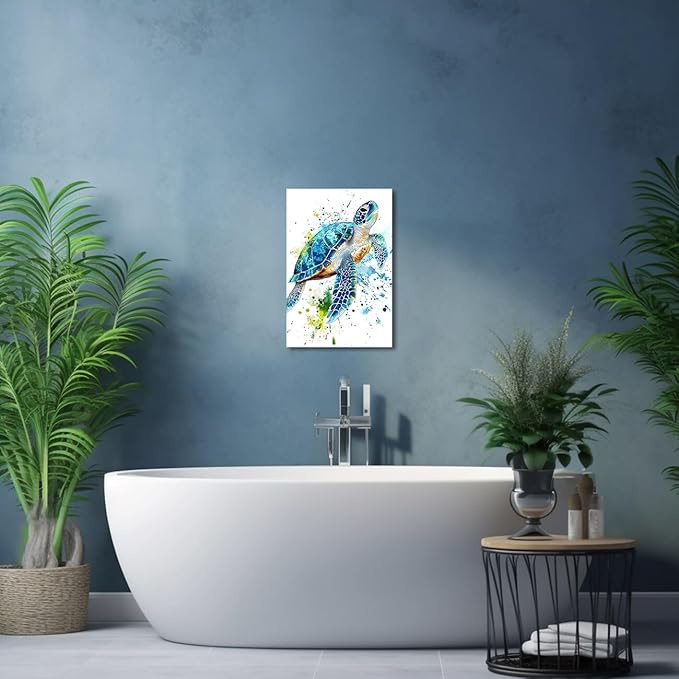 AWPANERAR Sea Turtle Wall Art Bathroom Pictures Watercolor Sea Life Canvas Prints Ocean Animal Poster Nautical Theme Artwork for Kids Room Nursery Decor Framed (White, (24L x 16W))