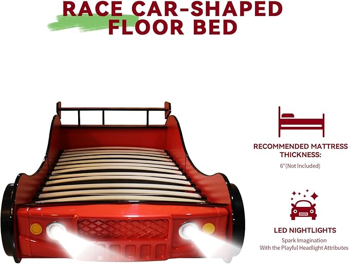 HMFULE Twin Bed Frames for Kids, Wood Race Car-Shaped Bed Frame Platform with Wheels LED Lights & Slat Support for Toddler, Teens, Boys or Girls, No Box Spring Needed (Red)