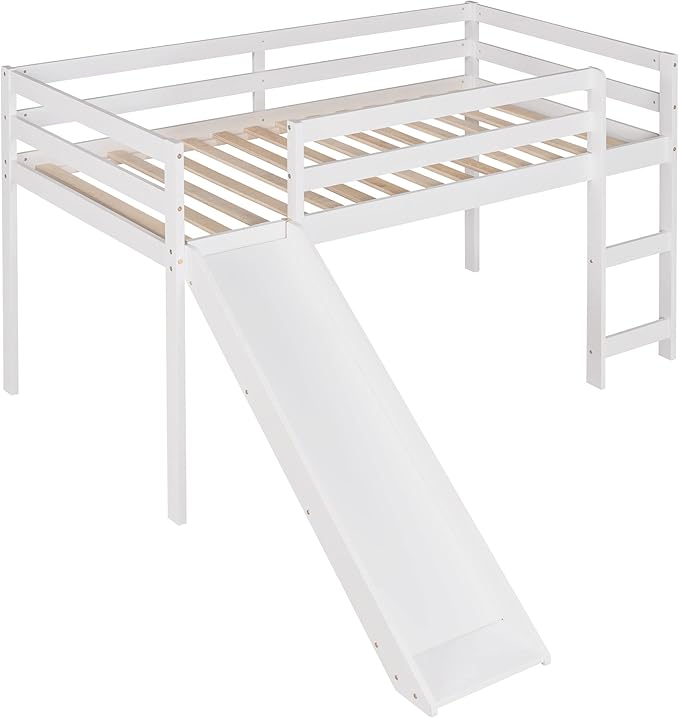 Loft Twin Bed Frame for Boys Girls Kids Toddler with Slide, Multifunctional Design, Twin (White)