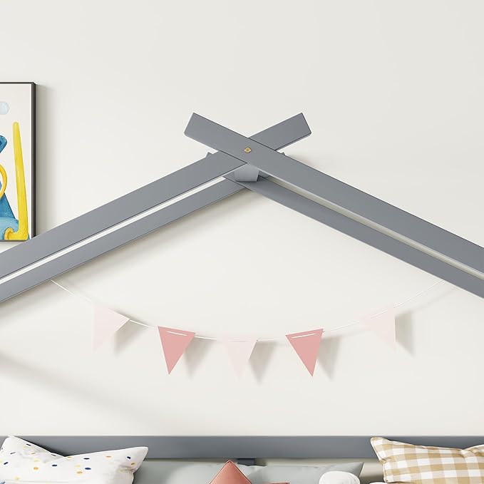 Twin Size Low Loft Bed with Slide and Ladder for Kids Boys Girls, Solid Wood House Roof Loft Bed Frame with Safety Guardrails, Sturdy Slat Support (Grey-50)