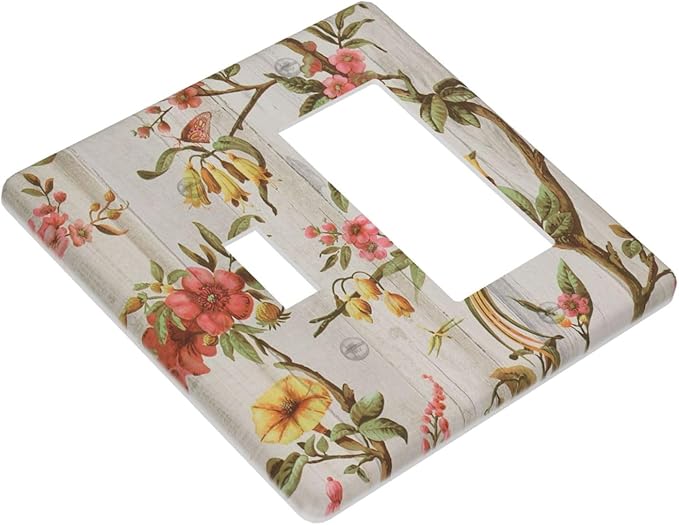 Flowers Bird Tree Retro Spring Floral Branch 2 Gang Light Switch Cover Decorative Combination Wall Plate Oriental Chinese Landscape Drawn Single Toggle Rocker Electrical Faceplate for Kitchen Home