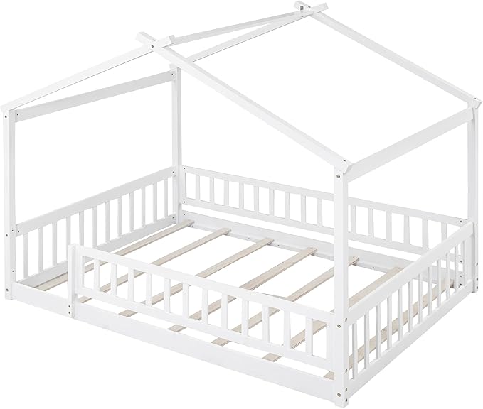 Merax Full Size Wooden House Bed with Fence, Wood Bed Frame with Roof and Safety Guardrail for Kids, Teens, Boys or Girls, 57" L x 62.9" W x 79.5" H, White