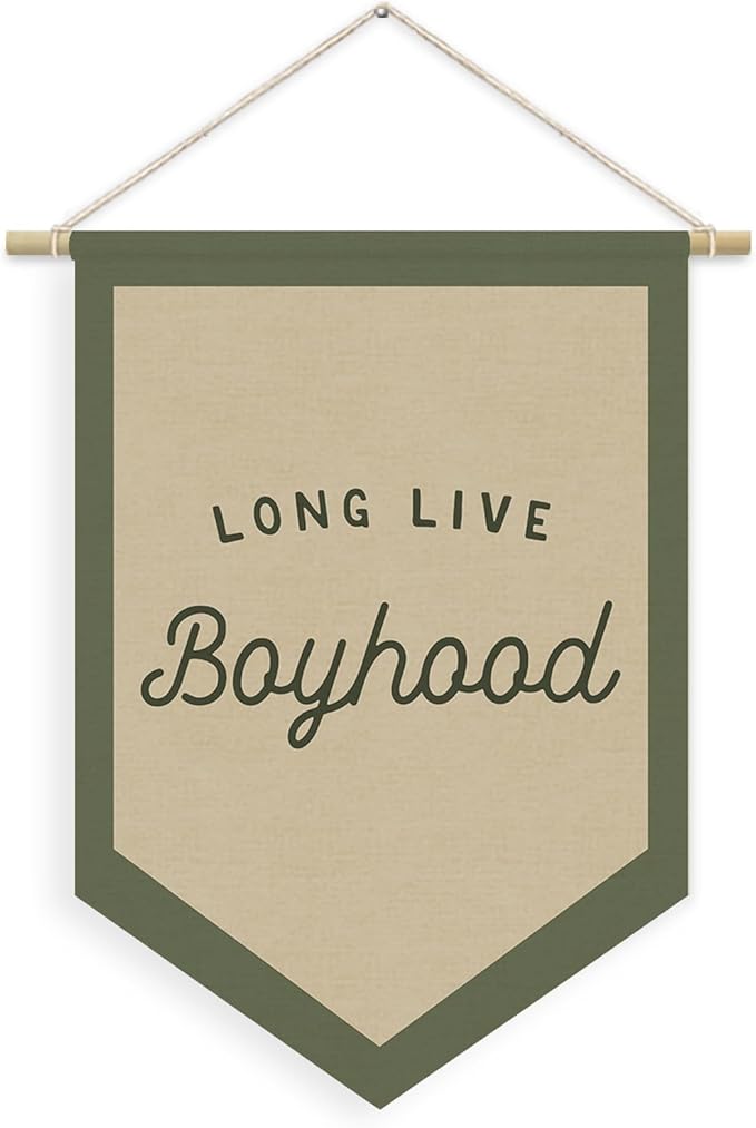 Boys Room Decor, Long Live Boyhood Linen Canvas Banner, Boy Nursery Wall Hanging Pennant Flag Banner for Boys Kids Toddler Room Bedroom Playroom Decor, 15x11in - Green