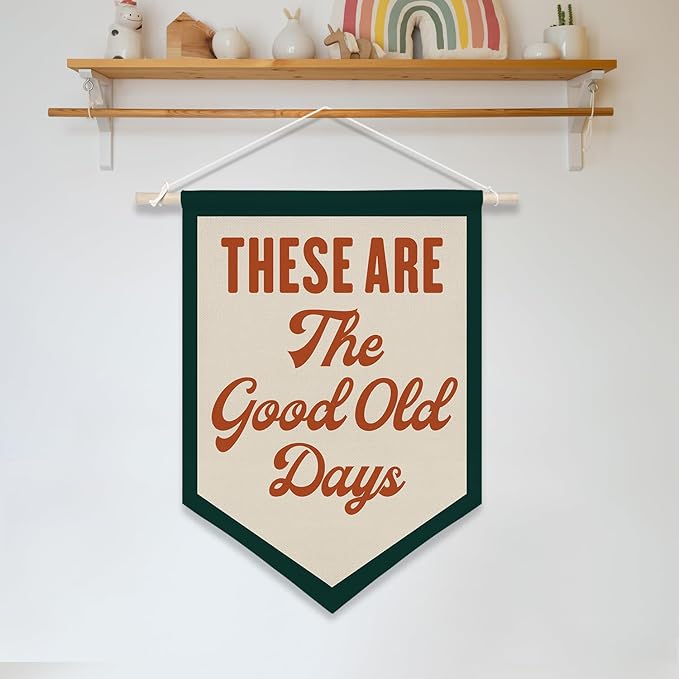 Welcome Banner Wall Art,These Are The Good Old Days Banner Hanging Wall Canvas Poster,Nostalgic Inspirational Quote Hanging Pennant Flag Prints,Positive Home Bedroom Wall Decor(Red)