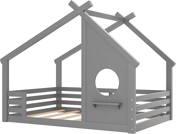 Polibi Full Size Floor Bed with House-Shaped Roof,Window and a Small Shelf, Solid Wood Low Profile Floor Bed for Kids, No Box Spring, Grey