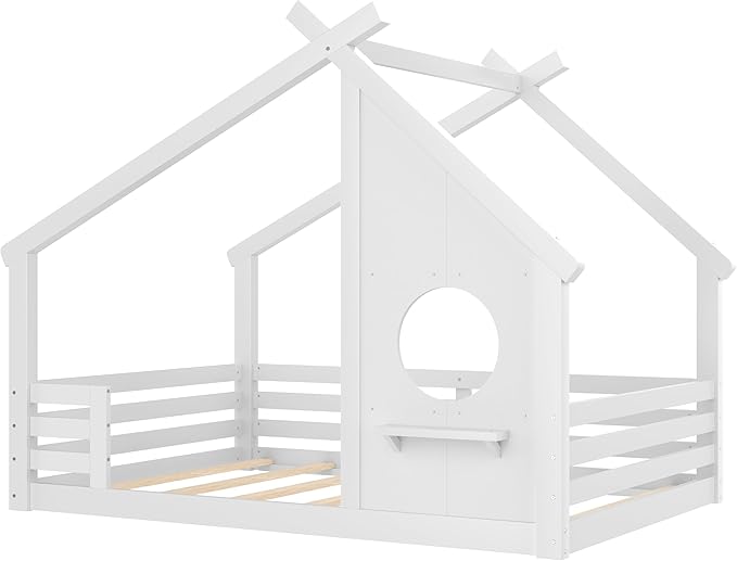 Polibi Full Size Floor Bed with House-Shaped Roof,Window and a Small Shelf, Solid Wood Low Profile Floor Bed for Kids, No Box Spring, White