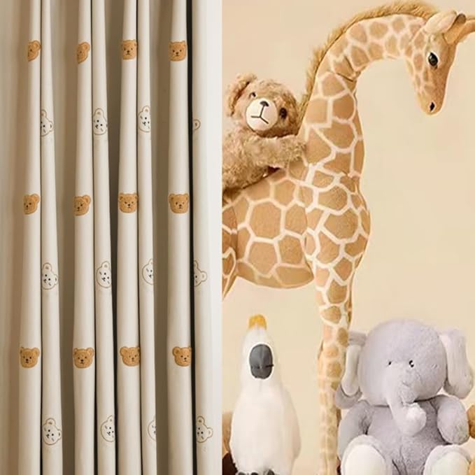 Cartoon Bears Kids Blackout Curtains for Babys Bedoom Living Room Grommet Top Beige Embroidery 3D Bear Darkening Curtain for Nursery Baby Room 1 Panel (W52 L84 inch,Beige)