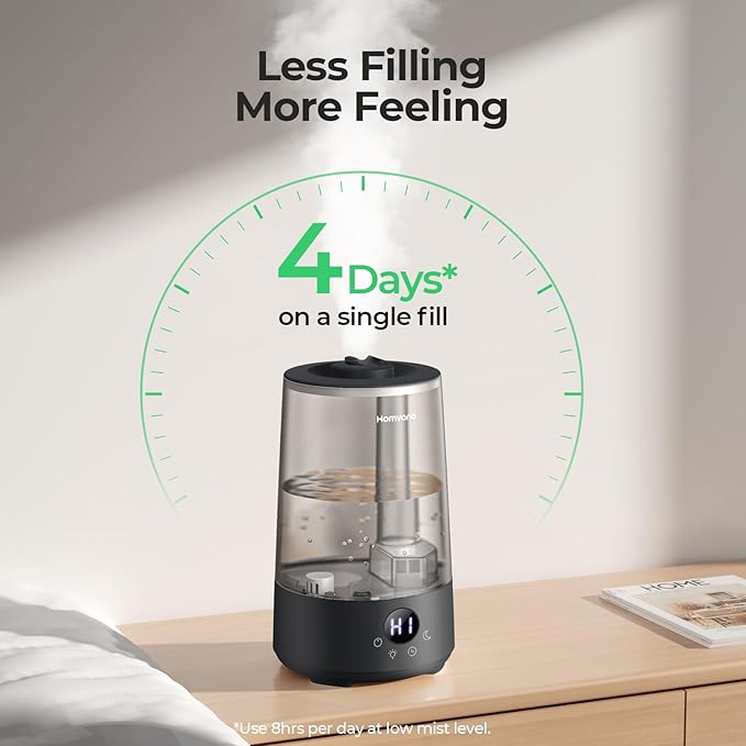 Homvana Humidifiers for Bedroom Home, 3.6L Cool Mist Top-Fill 34H Super Long Time, Quiet 23dB, Baby Humidifier, Oil Diffuser for Large Room, House, Plant, Nursery, Office, BPA FREE, Ultrasonic (Black)